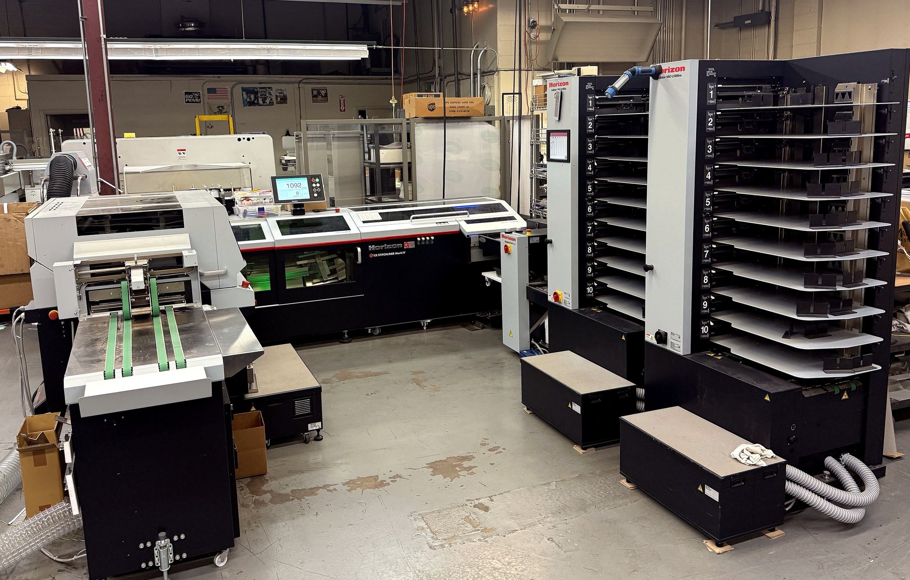 The Horizon iCE StitchLiner Mark IV collating towers, stitching unit and trimmer in the bindery at Broudy Printing
